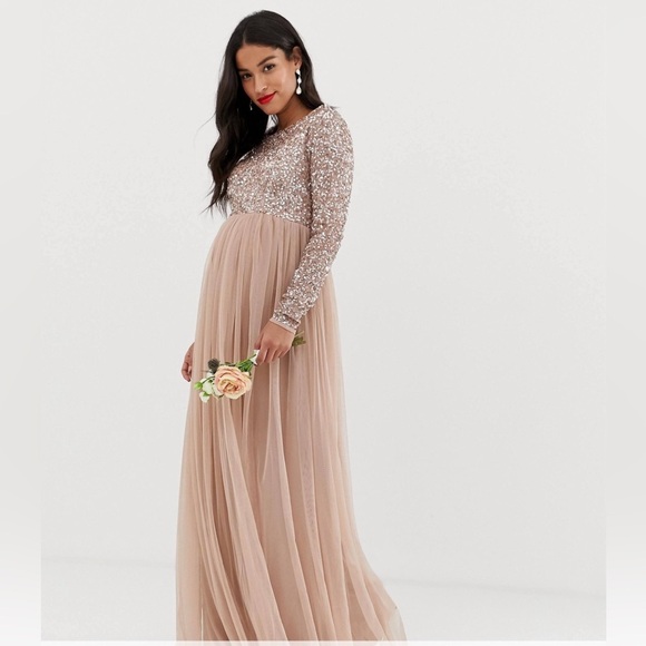 New Maya Maternity long sleeved maxi dress sequin tulle skirt taupe blush 12 - Picture 1 of 13